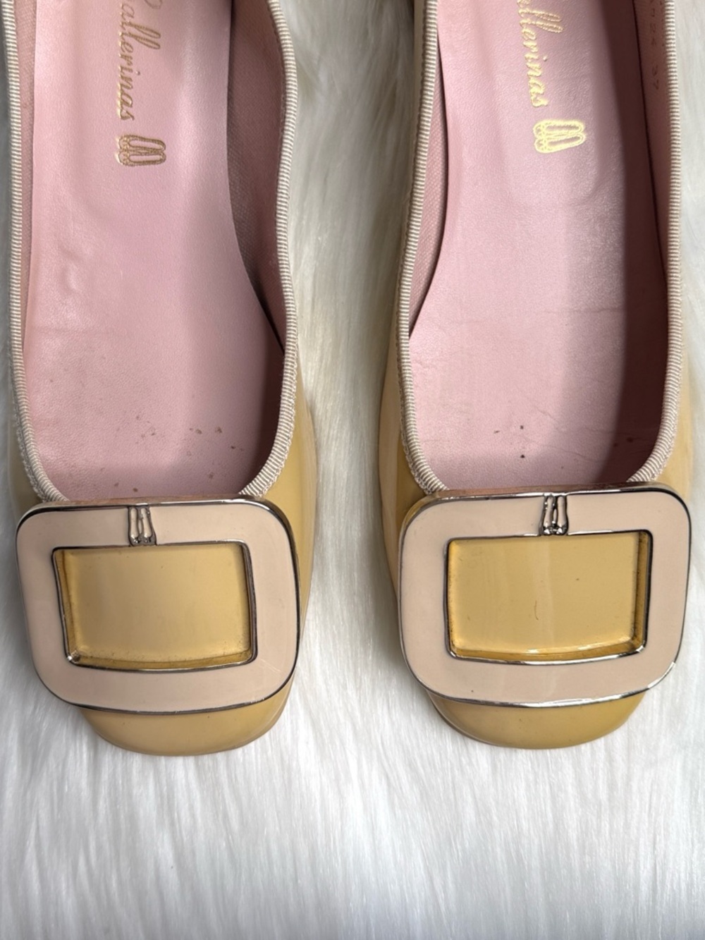 Pretty Ballerinas Pale Yellow Patent Leather Buckle Toe Ballet Flats - Picture 8 of 9